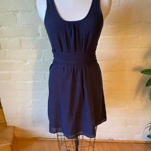 Linen navy dress with waist wrap tie